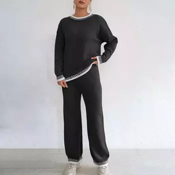 Женский костюм Зимняя домашняя одежда Повседневный двухпредметный Контрастная цветная вставка Пуловер Топ + Прямые широкие брюки L чёрный