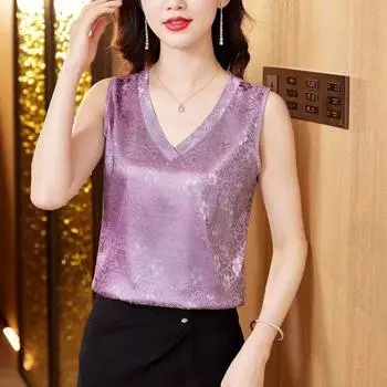 Женский костюмчик с атласным жилетом на подтяжках, летним V-образным вырезом без рукавов и свободным верхом-рубашкой, закрывающим живот XL белый