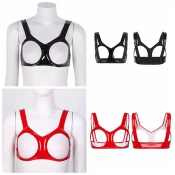 Женский кожаный бюстгальтер без косточек из ПВХ с мокрым эффектом, беспроводной бикини, бюстгальтер, ночное белье, укороченные топы на бретелях S