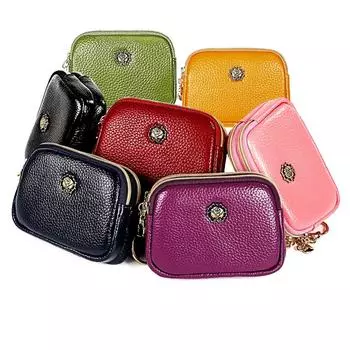 Женский кожаный мини-кошелек для монет, кожаная простая двойная молния, симпатичная сумка для монет, клатчи, кошельки для женщин красный