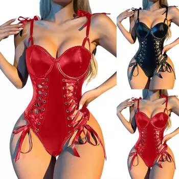 Женский кожаный полый ремешок и цельный забавный комплект нижнего белья на бретельках XXL чёрный