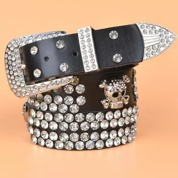 Женский кожаный ремень с инкрустацией стразами, индивидуальный повседневный ремень для брюк с черепом, универсальный женский ремень 110cm красный