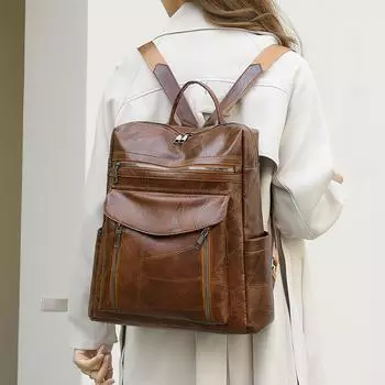 Женский кожаный рюкзак для путешествий на открытом воздухе бежевый