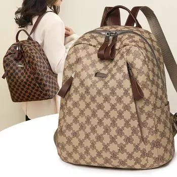 Женский кожаный рюкзак, дорожная сумка большой вместительности с принтом в клетку хаки