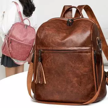 Женский кожаный рюкзак с кисточками для поездок на работу чёрный