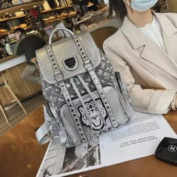 Женский кожаный рюкзак с пайетками 2023 года — стильный британский дизайн со шнурком серебряный