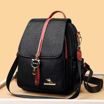 Женский кожаный рюкзак, студенческий туристический рюкзак большой вместимости чёрный/красный