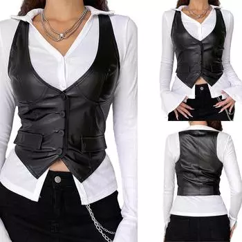 Женский кожаный жилет с V-образным вырезом, без рукавов, застежка на пуговицы, облегающий дышащий универсальный топ S чёрный