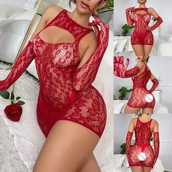 Женский красный комплект сексуального нижнего белья с сетчатым платьем и перчатками для страстных ночей One Size