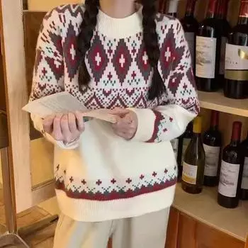 Женский красный новогодний свитер - осень/зима 2024 г. Высококачественная нижняя одежда, дизайн в стиле ленивой моды. One size [85-140 catties] белый
