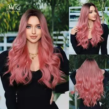 Женский красный парик 67 см, длинные волосы, длинные вьющиеся волосы, полная шапочка, сетка из розовых волос, натуральный реалистичный парик из волос 67cm26.37inch темно-розовый