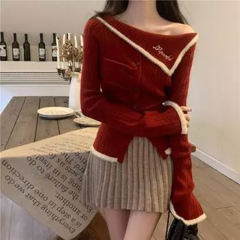 Женский красный свитер с открытыми плечами, плюшевая строчка, уникальный дизайн, вязаный свитер с подолом, корейский стиль, мода, простая женская одежда one size красный