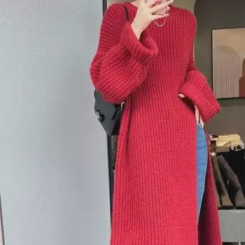 Женский красный вязаный свитер с разрезами — свободный корейский стиль для осени XL (recommended for 120-135 lbs)
