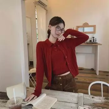 Женский красный вышитый ретро вязаный кардиган и комплект нижней рубашки One Size бежевый