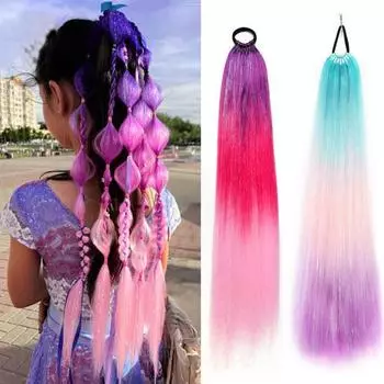 Женский красочный длинный хвостик с завязкой для волос с блестками, естественный вид, пушистый обруч с градиентом цвета, прямой синтетический хвостик, шиньон A