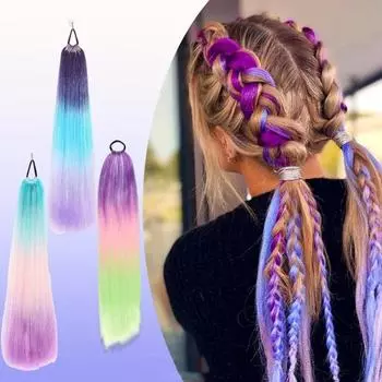 Женский красочный длинный хвостик с завязкой для волос с блестками, естественный вид, пушистый обруч с градиентом цвета, прямой синтетический хвостик, шиньон A
