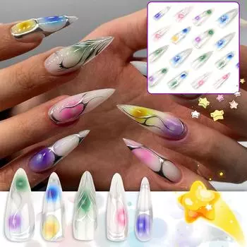 Женский красочный длинный заостренный накладной маникюр - серебристый пламенный носимый типс(Клей 2мл) One Size