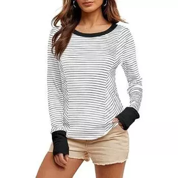 Женский круглый вырез, асимметричный топ с цветными блоками, с длинными рукавами, полосатая рубашка приталенного кроя, футболки женские S чёрный