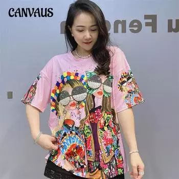 Женский круглый вырез, футболка с короткими рукавами и принтом больших размеров, летние повседневные топы с короткими рукавами и отделкой бисером One Size белый