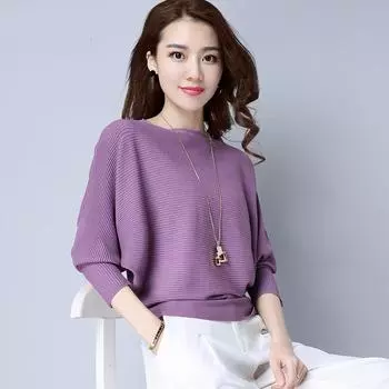 Женский круглый вырез Элегантный круглый вырез Вязаный свитер Осень Зима Однотонный Модный пуловер с рукавами летучая мышь хаки