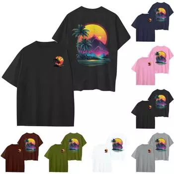 Женский круглый вырез модный свободный гавайский принт короткие рукава XL розовый