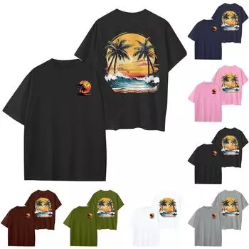 Женский круглый вырез модный свободный гавайский принт короткие рукава XL тёмно-синий