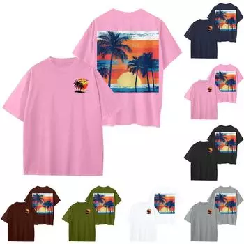 Женский круглый вырез модный свободный гавайский принт короткие рукава L