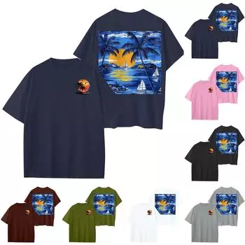 Женский круглый вырез модный свободный гавайский принт короткие рукава S розовый