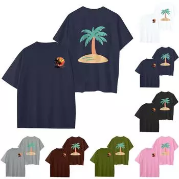 Женский круглый вырез модный свободный гавайский принт короткие рукава XL тёмно-синий