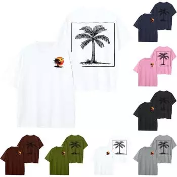 Женский круглый вырез модный свободный гавайский принт короткие рукава XL тёмно-синий