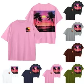 Женский круглый вырез модный свободный гавайский принт короткие рукава S розовый