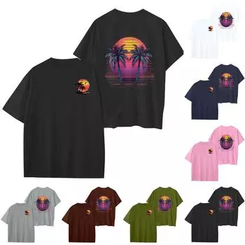 Женский круглый вырез модный свободный гавайский принт короткие рукава M чёрный