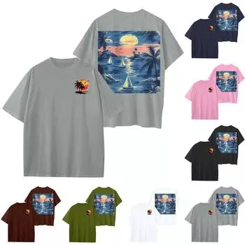 Женский круглый вырез модный свободный гавайский принт короткие рукава S тёмно-синий