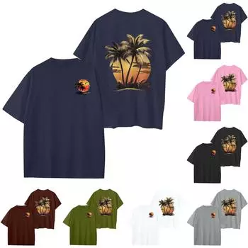 Женский круглый вырез модный свободный гавайский принт короткие рукава M чёрный