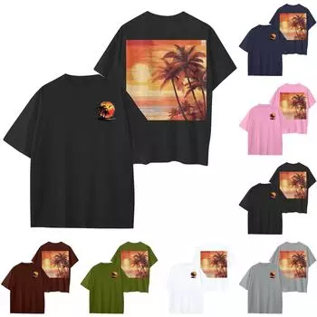 Женский круглый вырез модный свободный гавайский принт короткие рукава XL розовый