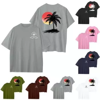 Женский круглый вырез модный свободный гавайский принт короткие рукава L армия зеленый