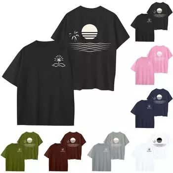 Женский круглый вырез модный свободный гавайский принт короткие рукава L армия зеленый