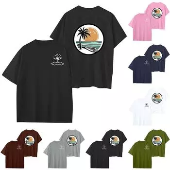 Женский круглый вырез модный свободный гавайский принт короткие рукава L тёмно-синий