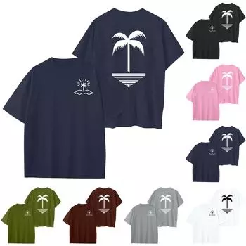 Женский круглый вырез модный свободный гавайский принт короткие рукава XXXL чёрный