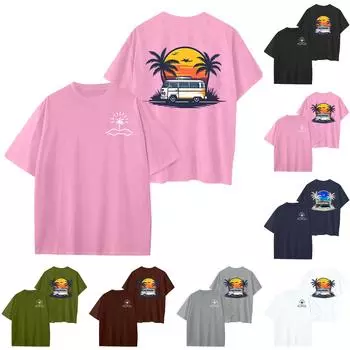 Женский круглый вырез модный свободный гавайский принт короткие рукава XL чёрный