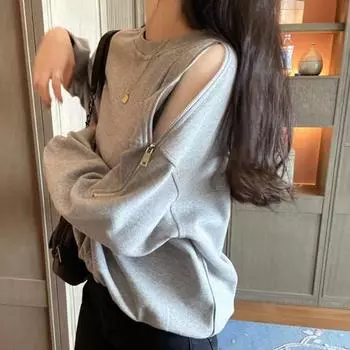 Женский круглый вырез на молнии с разрезом на плече с длинным рукавом пуловер белый черный серый модные толстовки с капюшоном с длинными рукавами M чёрный