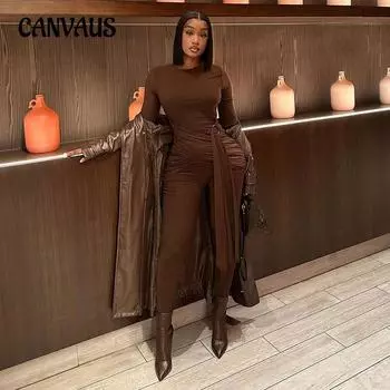 Женский круглый вырез однотонный сращивающийся комбинезон на шнуровке с металлической пряжкой и длинными рукавами модный повседневный обтягивающий комбинезон S темно-коричневого