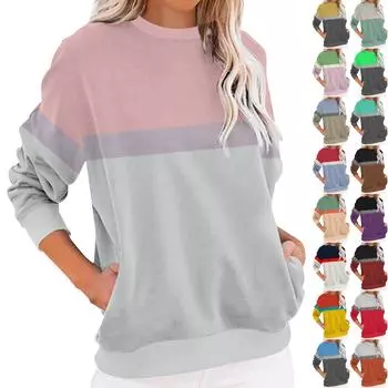 Женский круглый вырез повседневный длинный рукав с карманом пэчворк модный пуловер топ XXXL бирюзовый