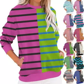 Женский круглый вырез повседневный длинный рукав с карманом полосатый модный пуловер топ L
