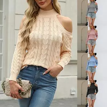 Женский круглый вырез пуловер с перекрученными плечами утечка полувысокий вырез трикотажный однотонный свитер куртка L чёрный