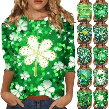 Женский круглый вырез, рукав 3/4. Топ с принтом ко Дню Святого Патрика L армия зеленый