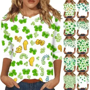 Женский круглый вырез, рукав 3/4. Топ с принтом ко Дню Святого Патрика L синий