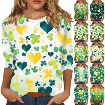 Женский круглый вырез, рукав 3/4. Топ с принтом ко Дню Святого Патрика L армия зеленый