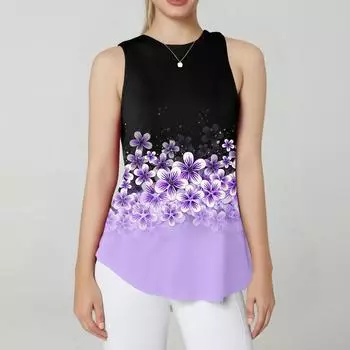 Женский круглый вырез с цветочным принтом, жилет, универсальный свободный подол, безрукавка, топ L фиолетовый