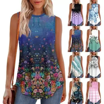 Женский круглый вырез с цветочным принтом, жилет, универсальный свободный подол, безрукавка, топ S фиолетовый